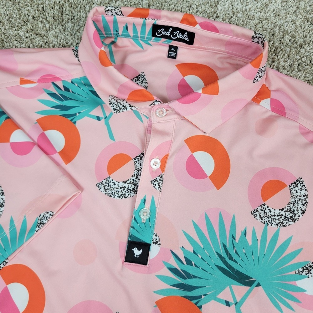 Bad Birdie Mens XL Pink AOP Floral Performance Stretch Golf Polo Short Sleeve